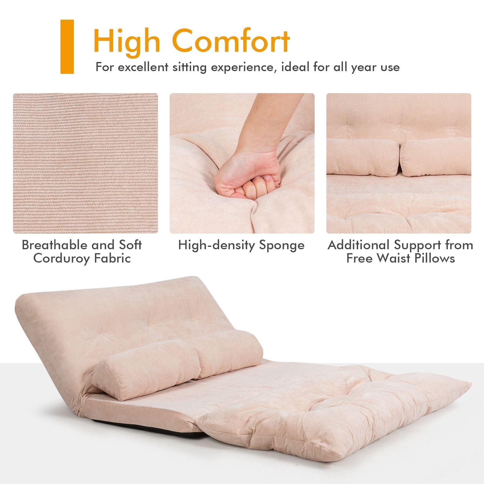 6 - Position Adjustable Sleeper Lounge Couch with 2 Pillows - DelightsDownSouth