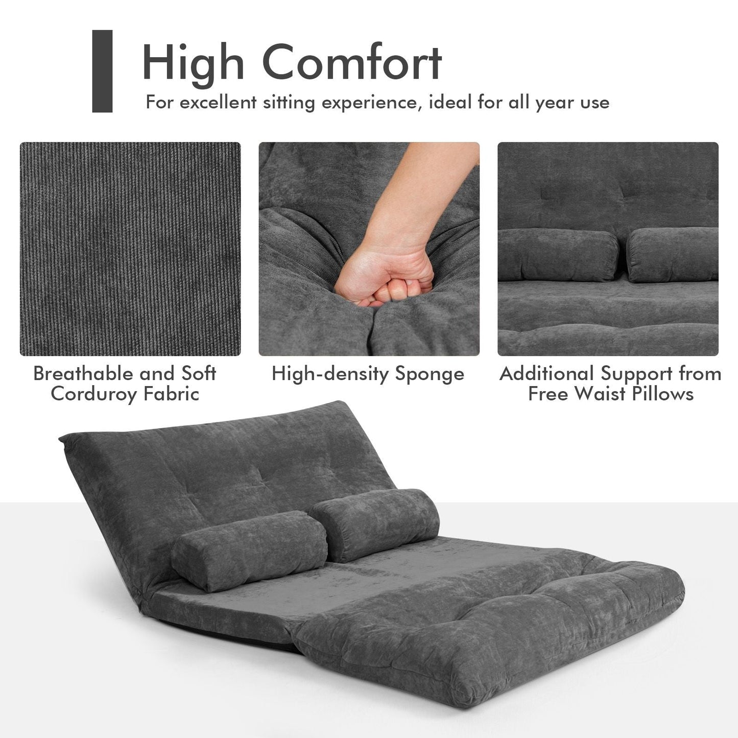 6 - Position Adjustable Sleeper Lounge Couch with 2 Pillows - DelightsDownSouth