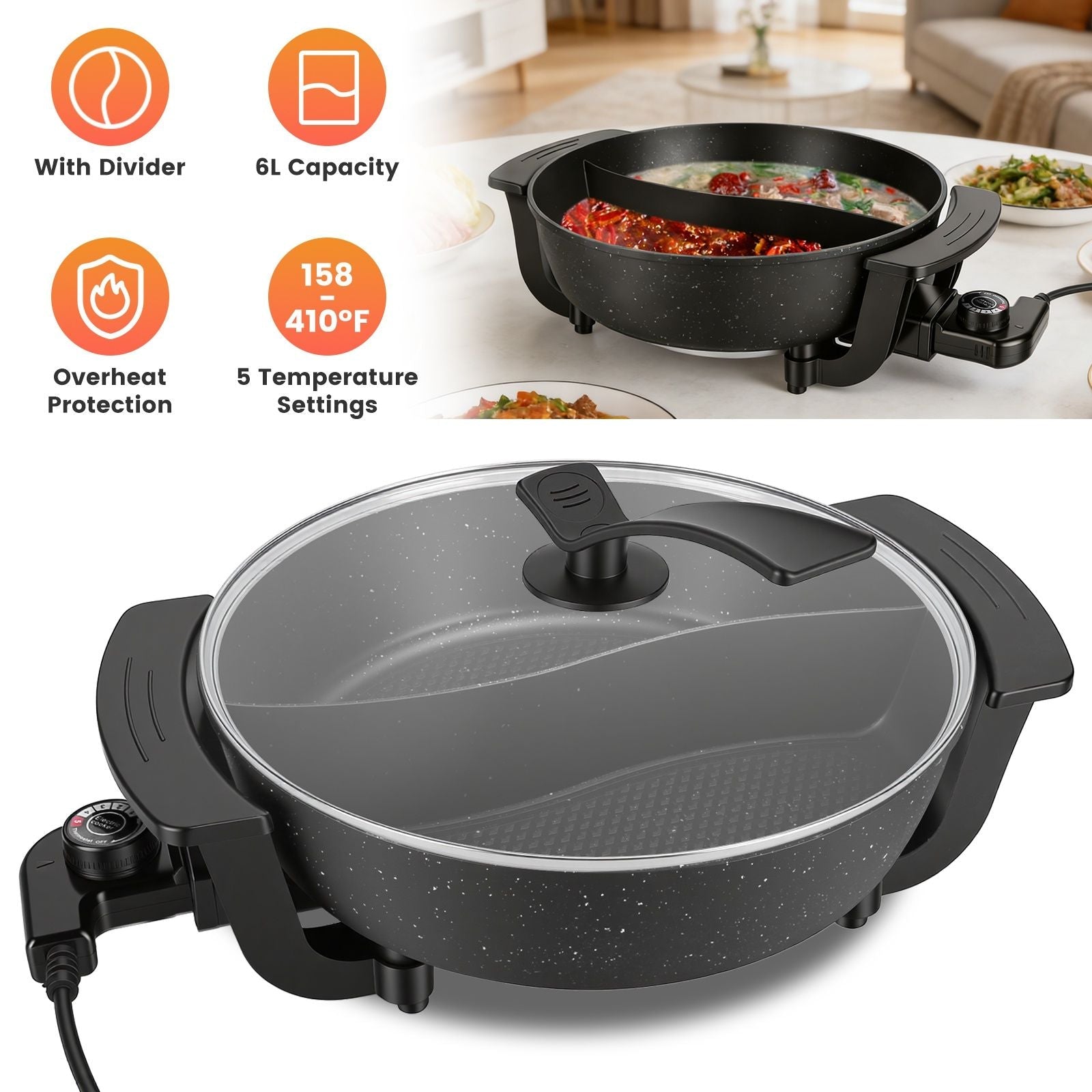 6L Large Capacity Electric Hot Pot with Divider, 5 Gear Adjustable Temperature Non - Stick Electric Cooker, Multifunctional Fondue Pot for 3 - 6 People with Cooking Tools - DelightsDownSouth