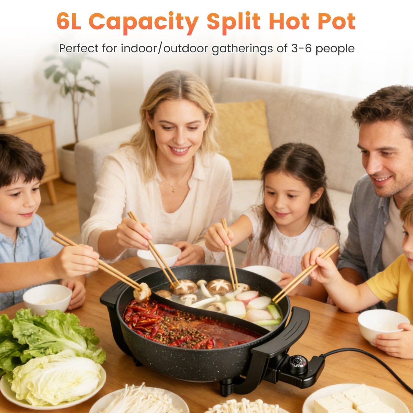6L Large Capacity Electric Hot Pot with Divider, 5 Gear Adjustable Temperature Non - Stick Electric Cooker, Multifunctional Fondue Pot for 3 - 6 People with Cooking Tools - DelightsDownSouth