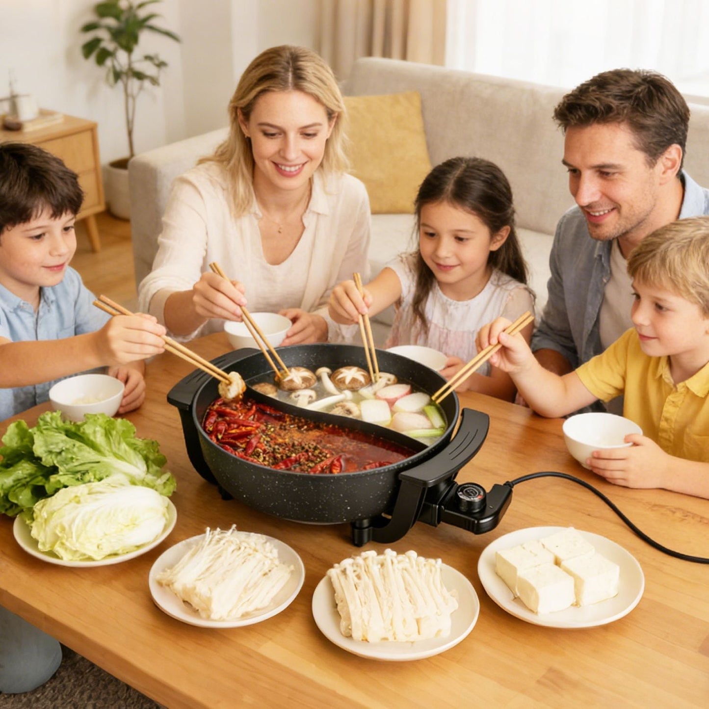 6L Large Capacity Electric Hot Pot with Divider, 5 Gear Adjustable Temperature Non - Stick Electric Cooker, Multifunctional Fondue Pot for 3 - 6 People with Cooking Tools - DelightsDownSouth