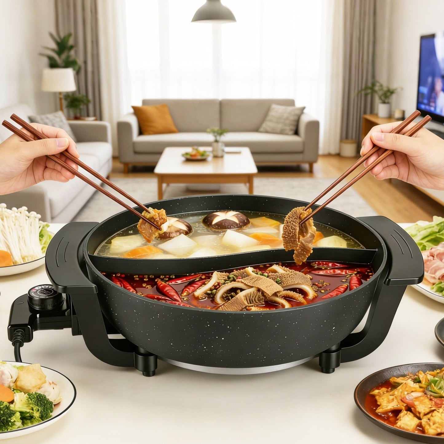 6L Large Capacity Electric Hot Pot with Divider, 5 Gear Adjustable Temperature Non - Stick Electric Cooker, Multifunctional Fondue Pot for 3 - 6 People with Cooking Tools - DelightsDownSouth