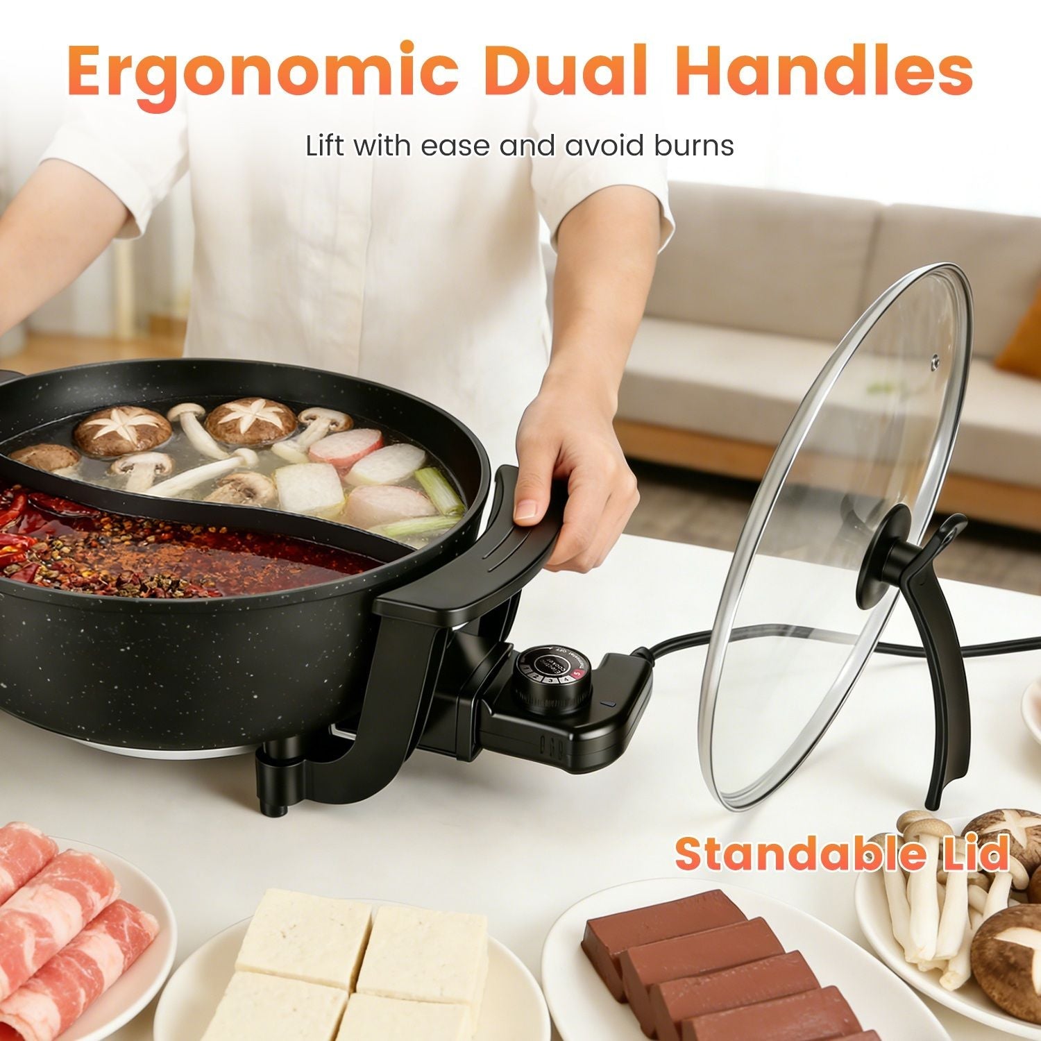 6L Large Capacity Electric Hot Pot with Divider, 5 Gear Adjustable Temperature Non - Stick Electric Cooker, Multifunctional Fondue Pot for 3 - 6 People with Cooking Tools - DelightsDownSouth