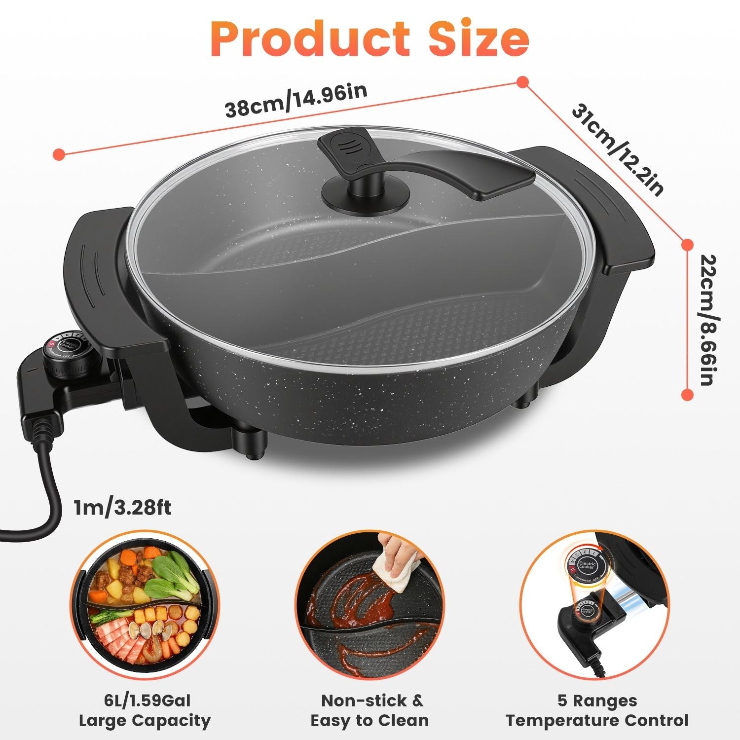 6L Large Capacity Electric Hot Pot with Divider, 5 Gear Adjustable Temperature Non - Stick Electric Cooker, Multifunctional Fondue Pot for 3 - 6 People with Cooking Tools - DelightsDownSouth