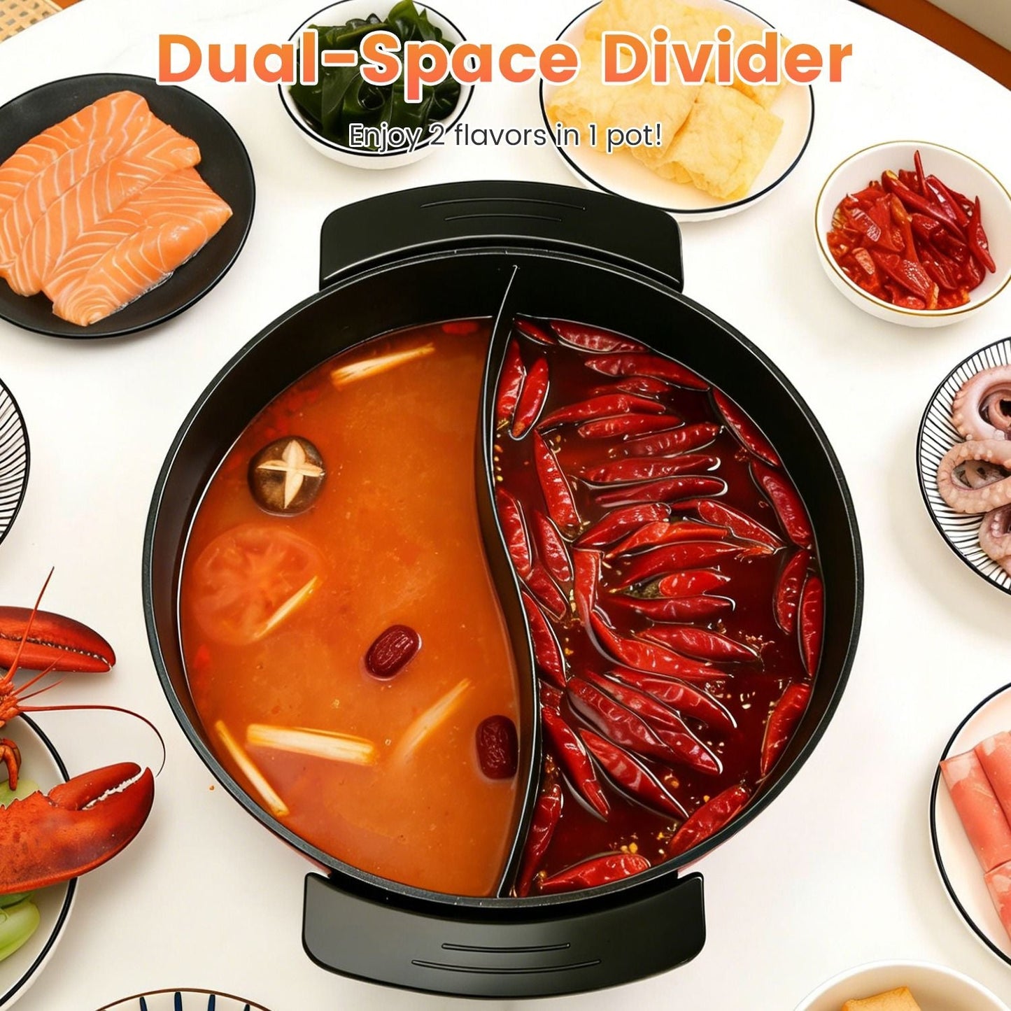 6L Large Capacity Electric Hot Pot with Divider, 5 Gear Adjustable Temperature Non - Stick Electric Cooker, Multifunctional Fondue Pot for 3 - 6 People with Cooking Tools - DelightsDownSouth