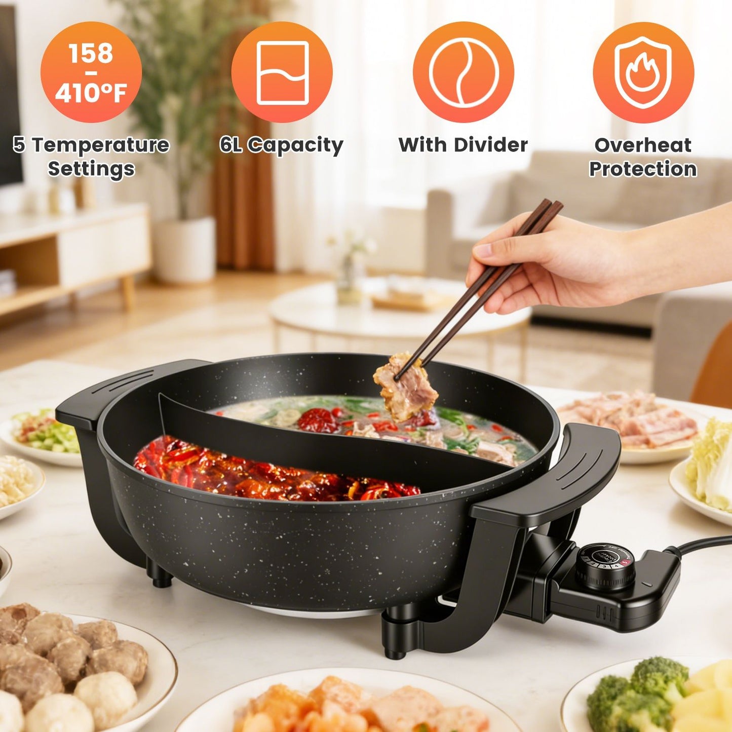 6L Large Capacity Electric Hot Pot with Divider, 5 Gear Adjustable Temperature Non - Stick Electric Cooker, Multifunctional Fondue Pot for 3 - 6 People with Cooking Tools - DelightsDownSouth