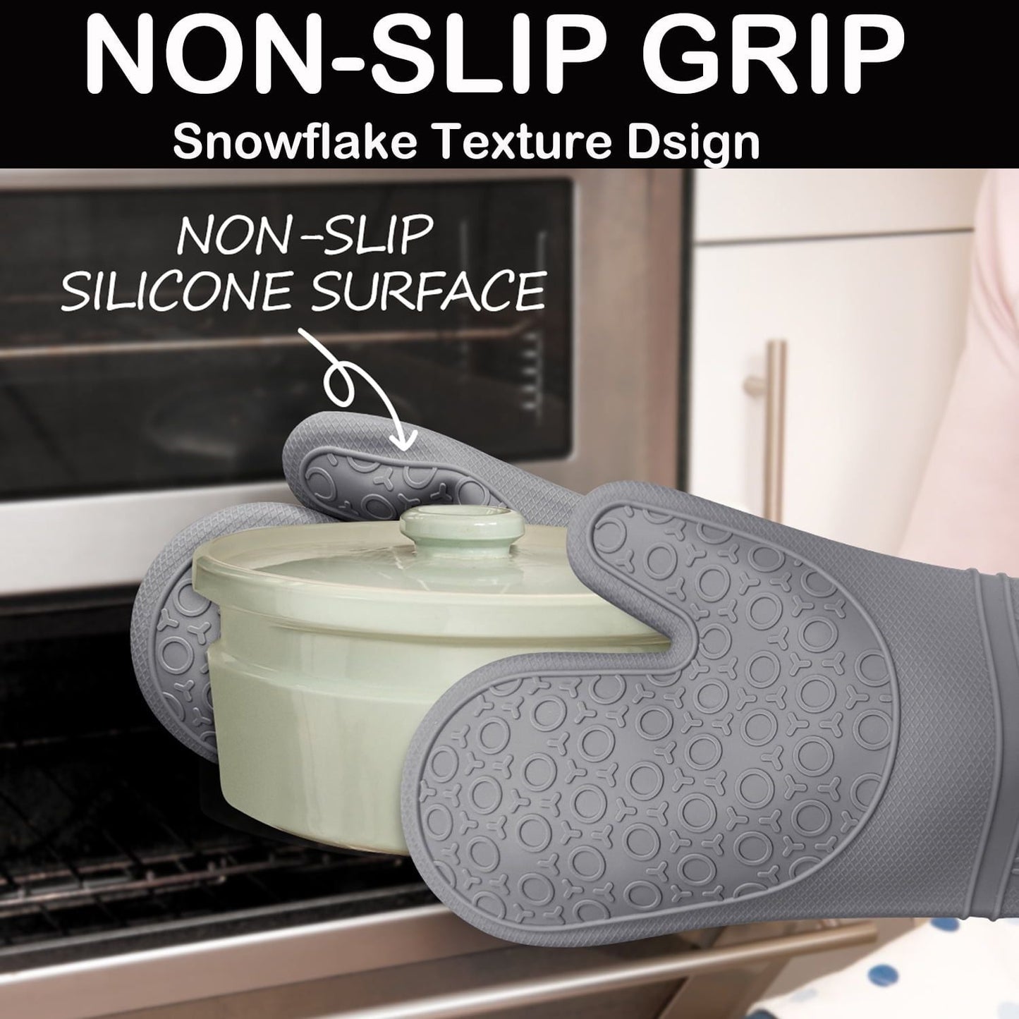 6pcs Pot Holders and Oven Mitts Heat Resistant, Non - Slip Silicone Mini Oven Gloves and Hot Pads for Kitchen,15" Extra Long Oven Gloves for Cooking,Gray - DelightsDownSouth