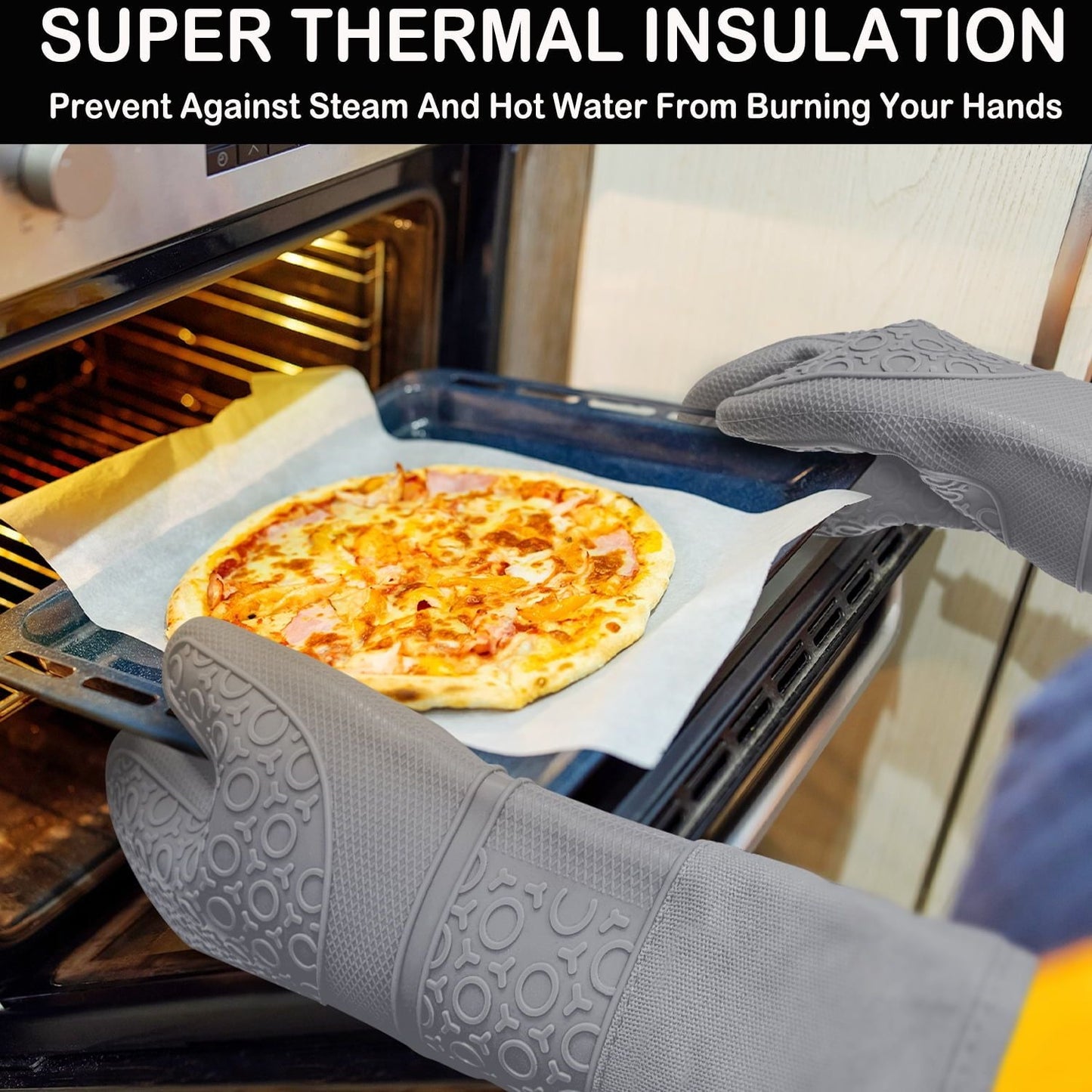 6pcs Pot Holders and Oven Mitts Heat Resistant, Non - Slip Silicone Mini Oven Gloves and Hot Pads for Kitchen,15" Extra Long Oven Gloves for Cooking,Gray - DelightsDownSouth
