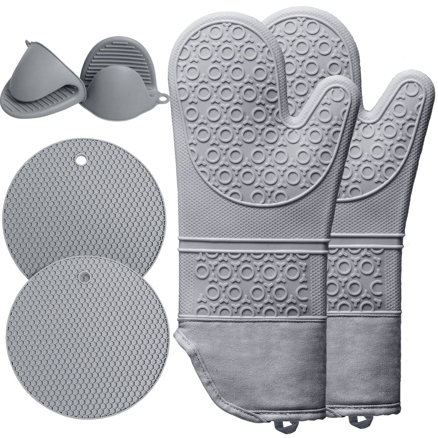 6pcs Pot Holders and Oven Mitts Heat Resistant, Non - Slip Silicone Mini Oven Gloves and Hot Pads for Kitchen,15" Extra Long Oven Gloves for Cooking,Gray - DelightsDownSouth