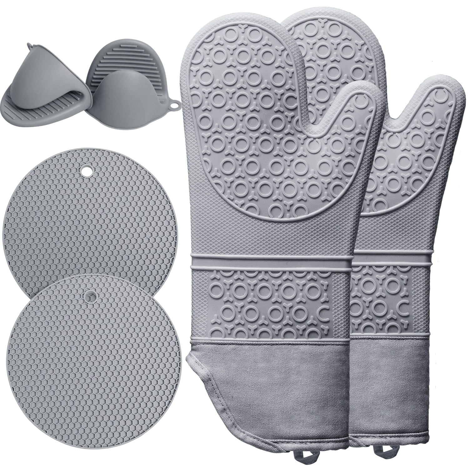 6pcs Pot Holders and Oven Mitts Heat Resistant, Non - Slip Silicone Mini Oven Gloves and Hot Pads for Kitchen,15" Extra Long Oven Gloves for Cooking,Gray - DelightsDownSouth