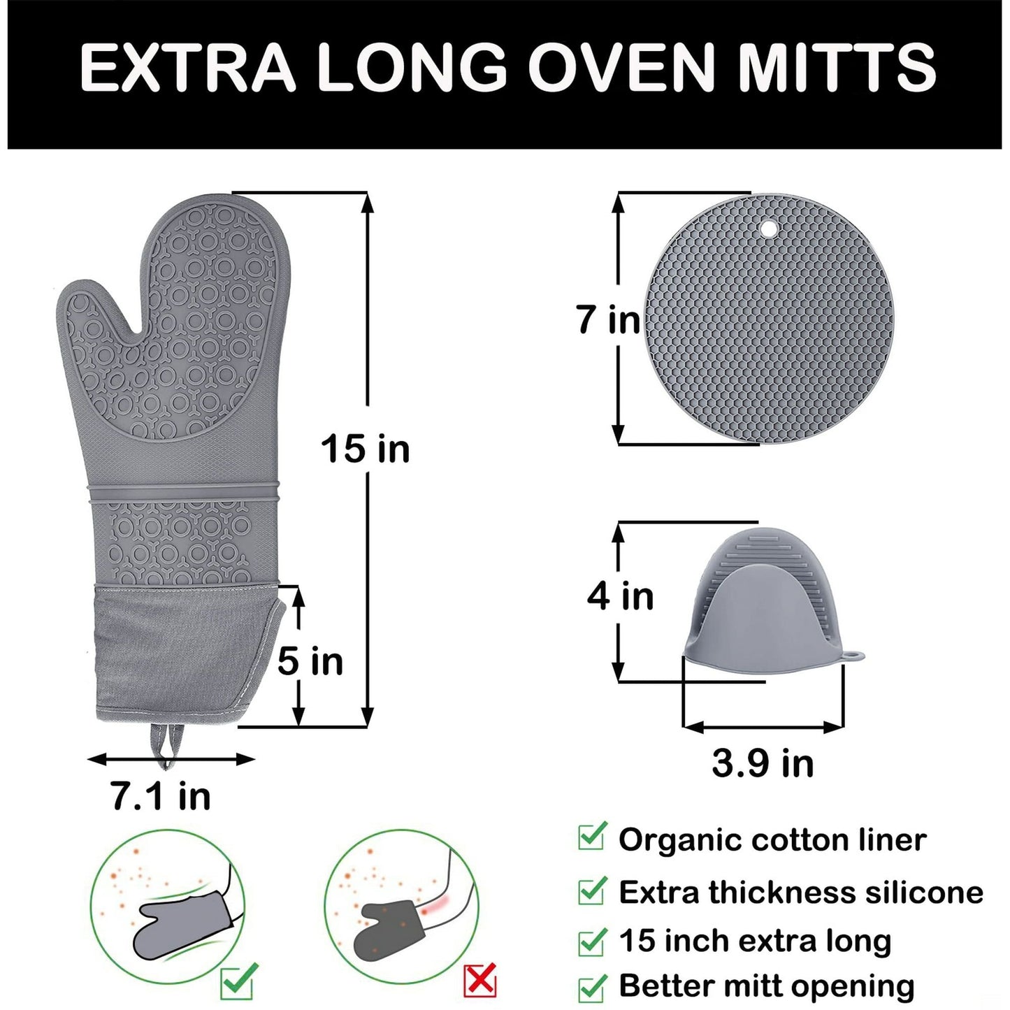 6pcs Pot Holders and Oven Mitts Heat Resistant, Non - Slip Silicone Mini Oven Gloves and Hot Pads for Kitchen,15" Extra Long Oven Gloves for Cooking,Gray - DelightsDownSouth