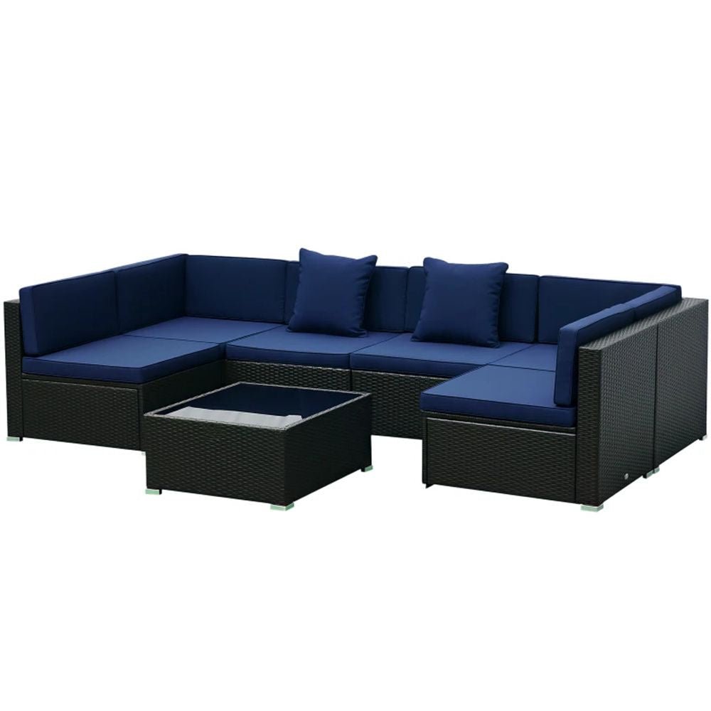 7 - piece courtyard furniture set, outdoor segmented sofa set, garden set, dark blue - DelightsDownSouth