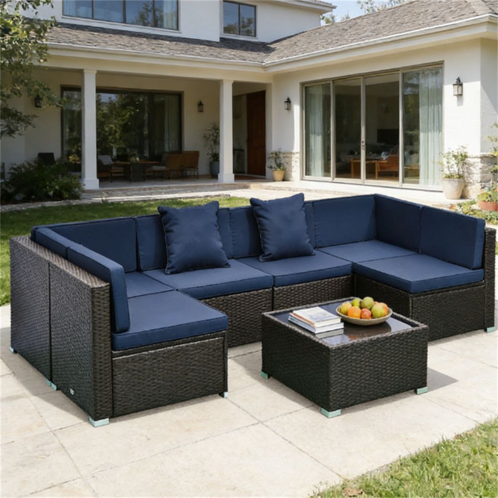 7 - piece courtyard furniture set, outdoor segmented sofa set, garden set, dark blue - DelightsDownSouth