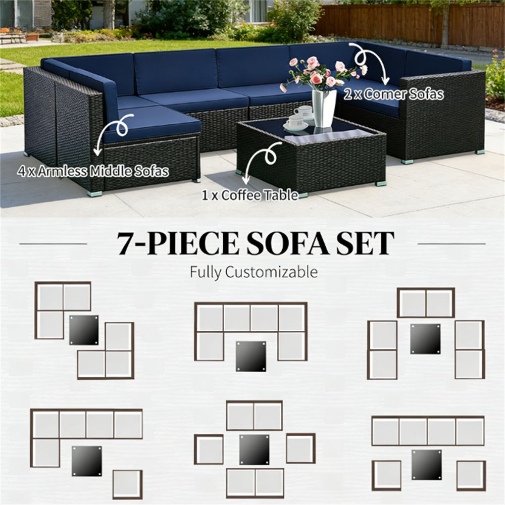 7 - piece courtyard furniture set, outdoor segmented sofa set, garden set, dark blue - DelightsDownSouth