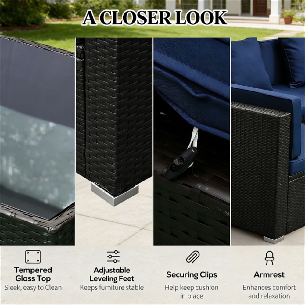 7 - piece courtyard furniture set, outdoor segmented sofa set, garden set, dark blue - DelightsDownSouth