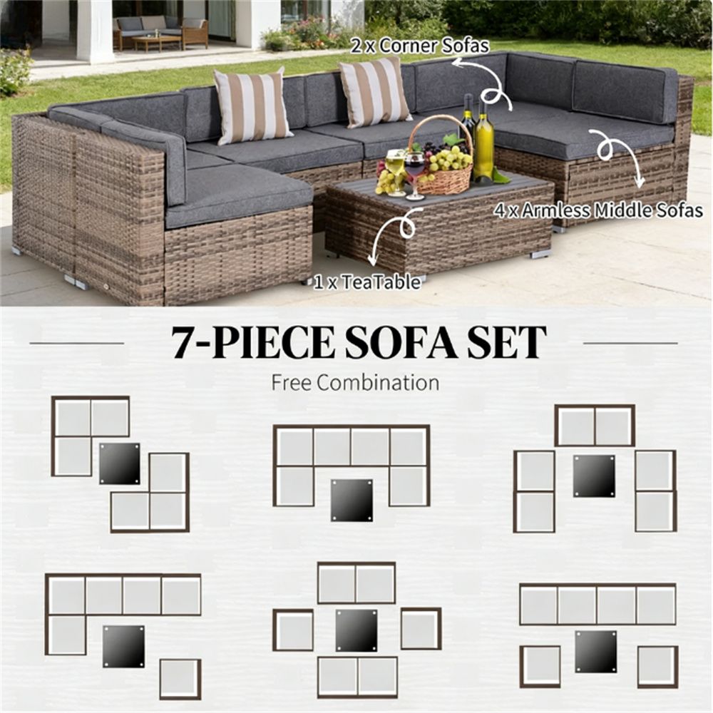 7 - piece courtyard furniture set, outdoor segmented sofa set, garden set, gray - DelightsDownSouth