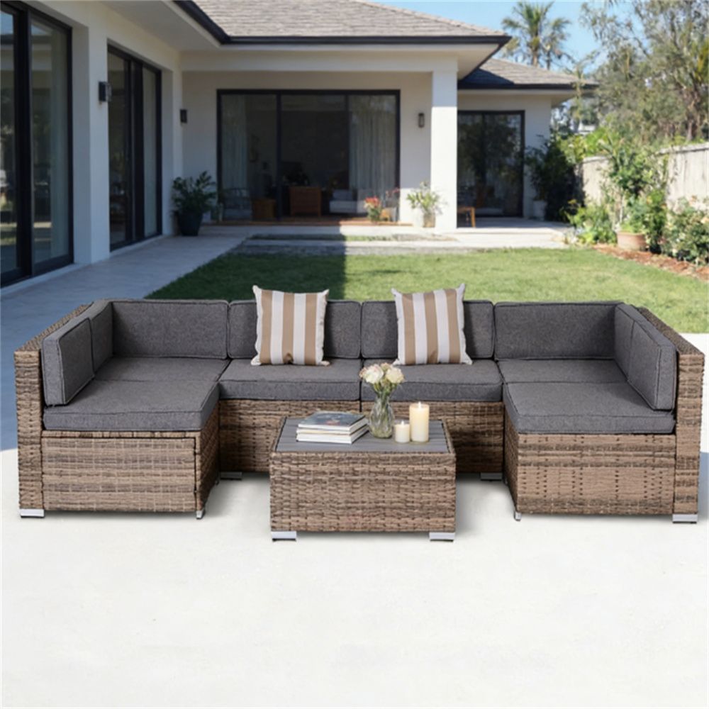 7 - piece courtyard furniture set, outdoor segmented sofa set, garden set, gray - DelightsDownSouth