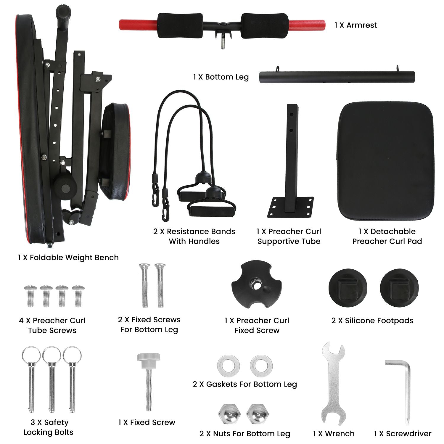 Adjustable Weight Bench with Preacher Curl Pad Resistance Bands Leg Extension Foldable Strength Training Workout Bench for Home Gym Full Body Exercise Stable Decline Incline Bench - DelightsDownSouth