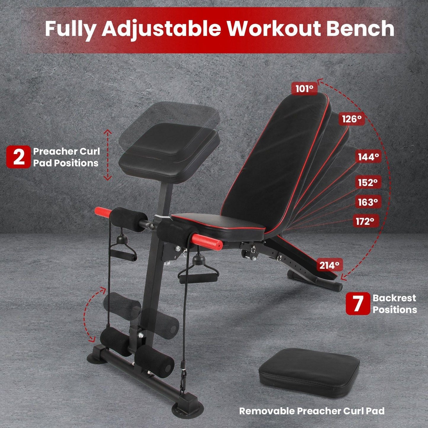 Adjustable Weight Bench with Preacher Curl Pad Resistance Bands Leg Extension Foldable Strength Training Workout Bench for Home Gym Full Body Exercise Stable Decline Incline Bench - DelightsDownSouth