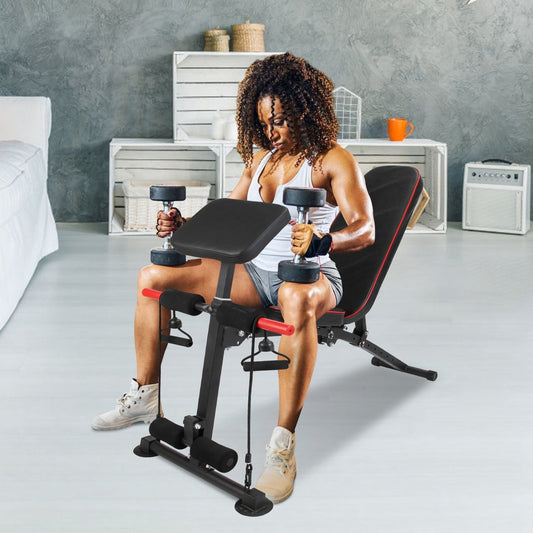 Adjustable Weight Bench with Preacher Curl Pad Resistance Bands Leg Extension Foldable Strength Training Workout Bench for Home Gym Full Body Exercise Stable Decline Incline Bench - DelightsDownSouth