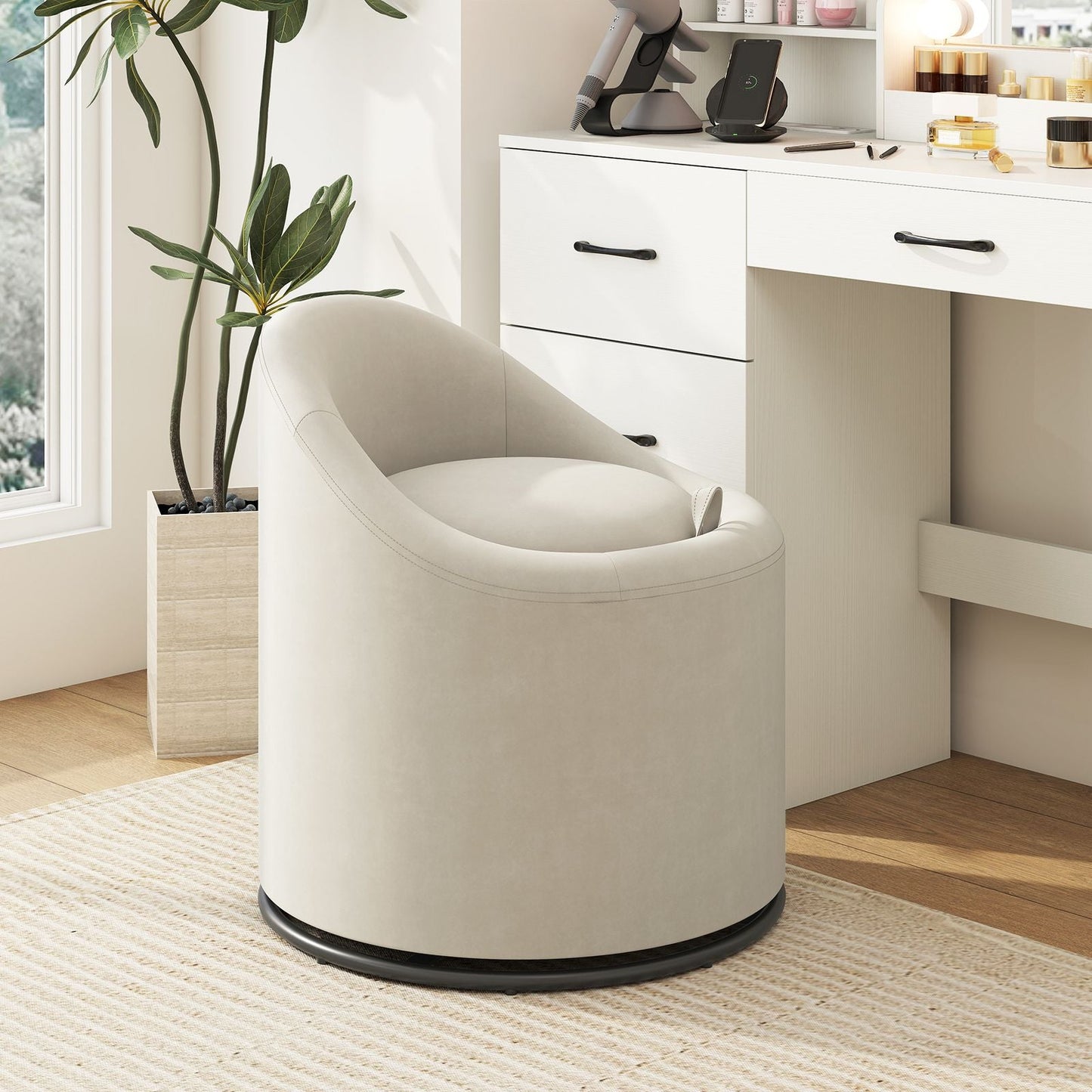 Barrel Chair with Storage 360° Swivel Upholstered Vanity Chair - DelightsDownSouth