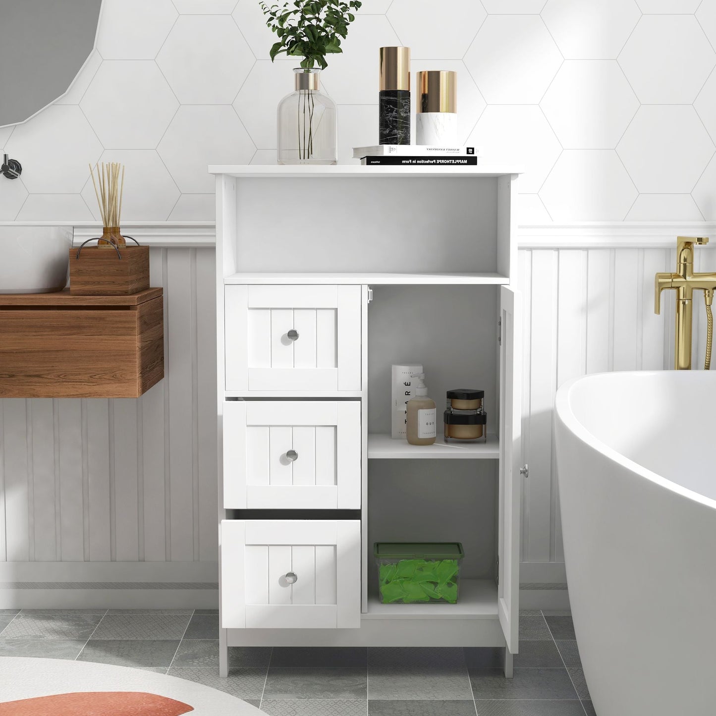 Bathroom standing storage cabinet with 3 drawers and 1 door - White - DelightsDownSouth