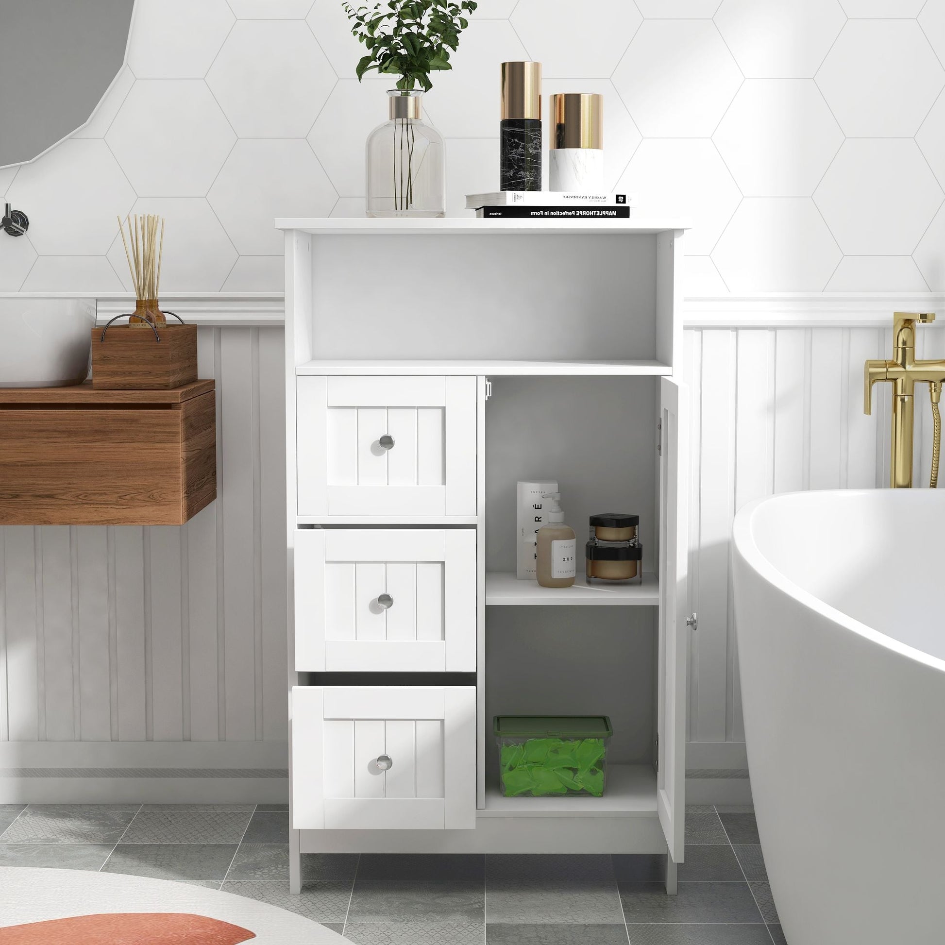 Bathroom standing storage cabinet with 3 drawers and 1 door - White - DelightsDownSouth