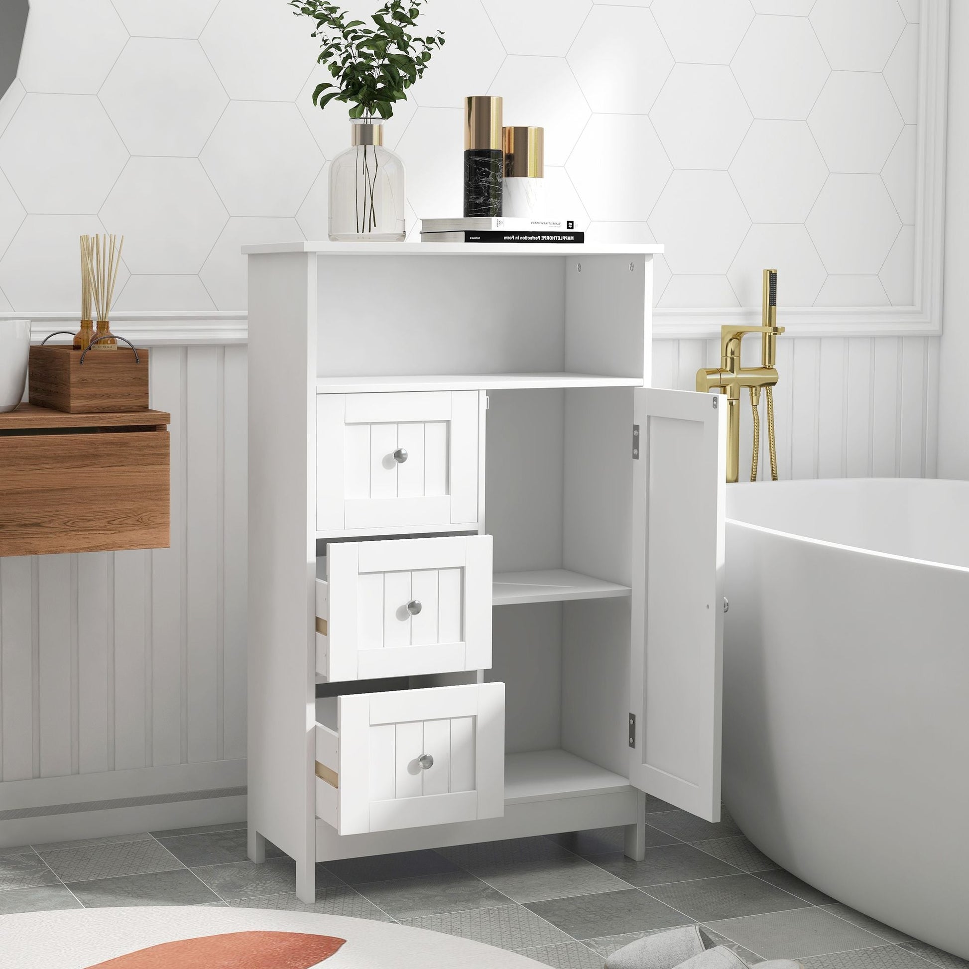 Bathroom standing storage cabinet with 3 drawers and 1 door - White - DelightsDownSouth