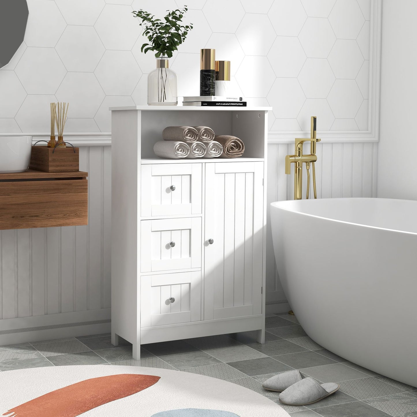 Bathroom standing storage cabinet with 3 drawers and 1 door - White - DelightsDownSouth