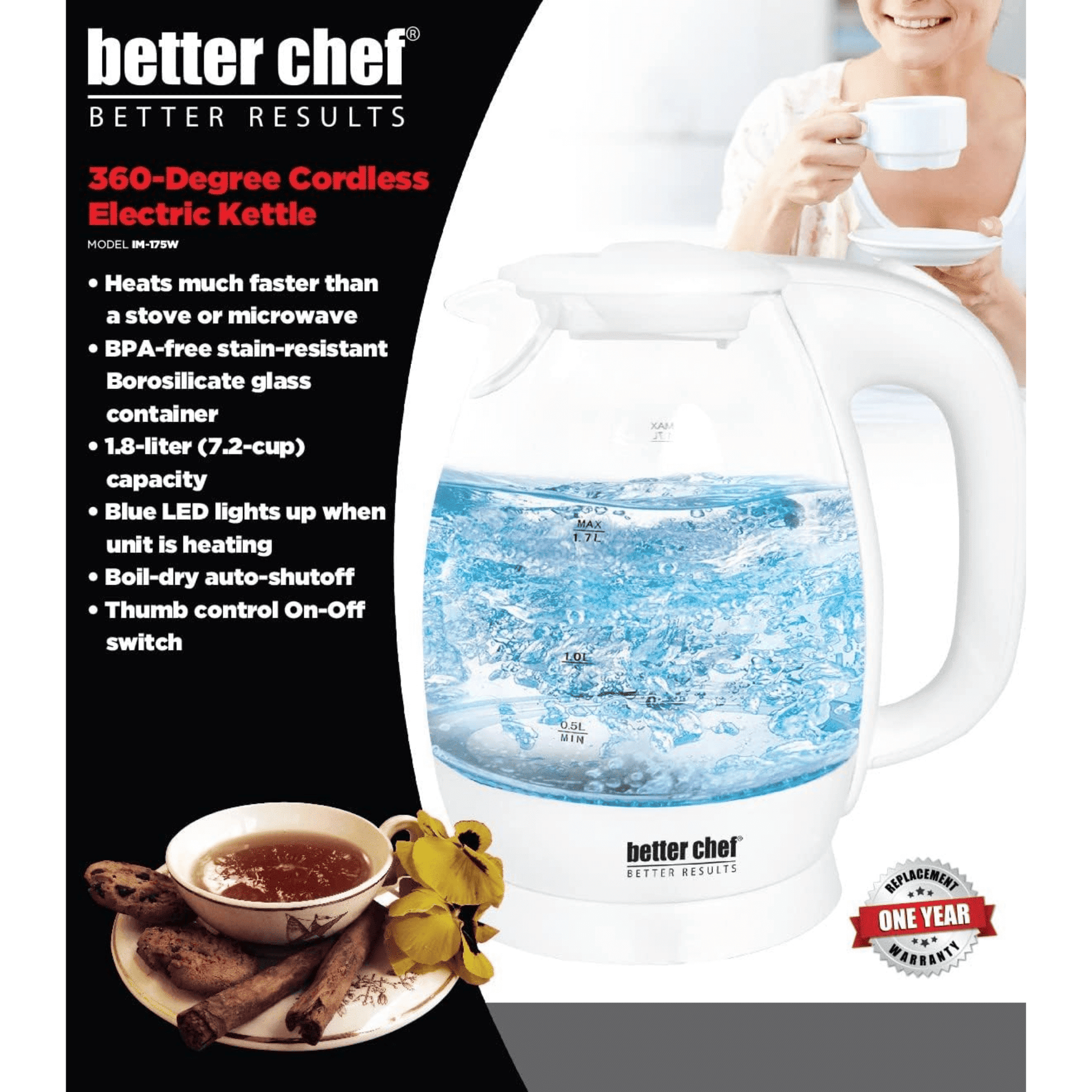 Better Chef 7 - Cup Cordless Electric Borosilicate Glass Kettle with LED Light - DelightsDownSouth