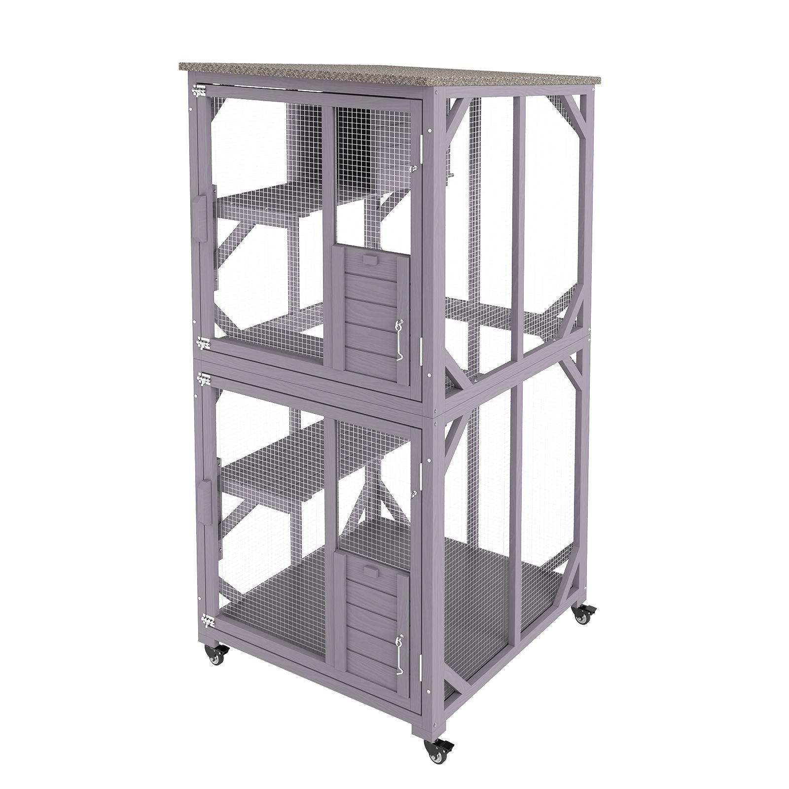 Cat House Outdoor, 3 - Tier Large Catio, Cat Enclosure with 360° Rotating Casters, 2 Platforms, A Resting Box and Large Front Door, 29.9 x 34 x 64.1 inch - DelightsDownSouth