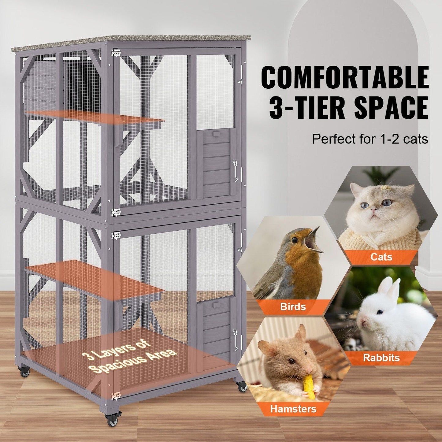 Cat House Outdoor, 3 - Tier Large Catio, Cat Enclosure with 360° Rotating Casters, 2 Platforms, A Resting Box and Large Front Door, 29.9 x 34 x 64.1 inch - DelightsDownSouth