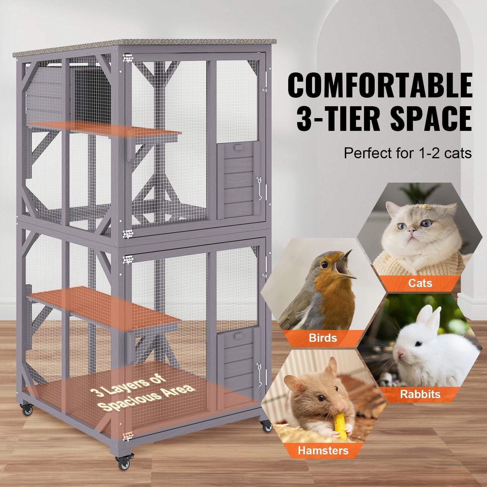 Cat House Outdoor, 3 - Tier Large Catio, Cat Enclosure with 360° Rotating Casters, 2 Platforms, A Resting Box and Large Front Door, 29.9 x 34 x 64.1 inch - DelightsDownSouth
