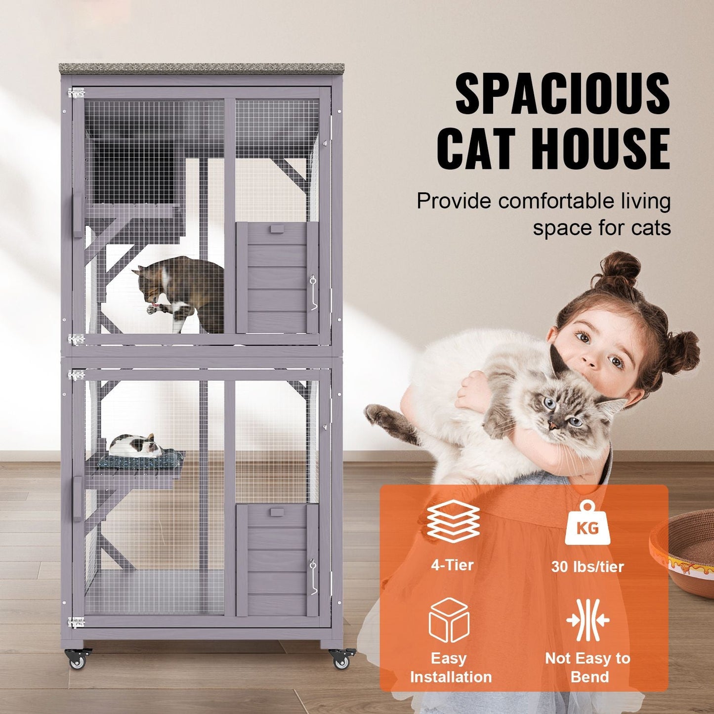 Cat House Outdoor, 3 - Tier Large Catio, Cat Enclosure with 360° Rotating Casters, 2 Platforms, A Resting Box and Large Front Door, 29.9 x 34 x 64.1 inch - DelightsDownSouth