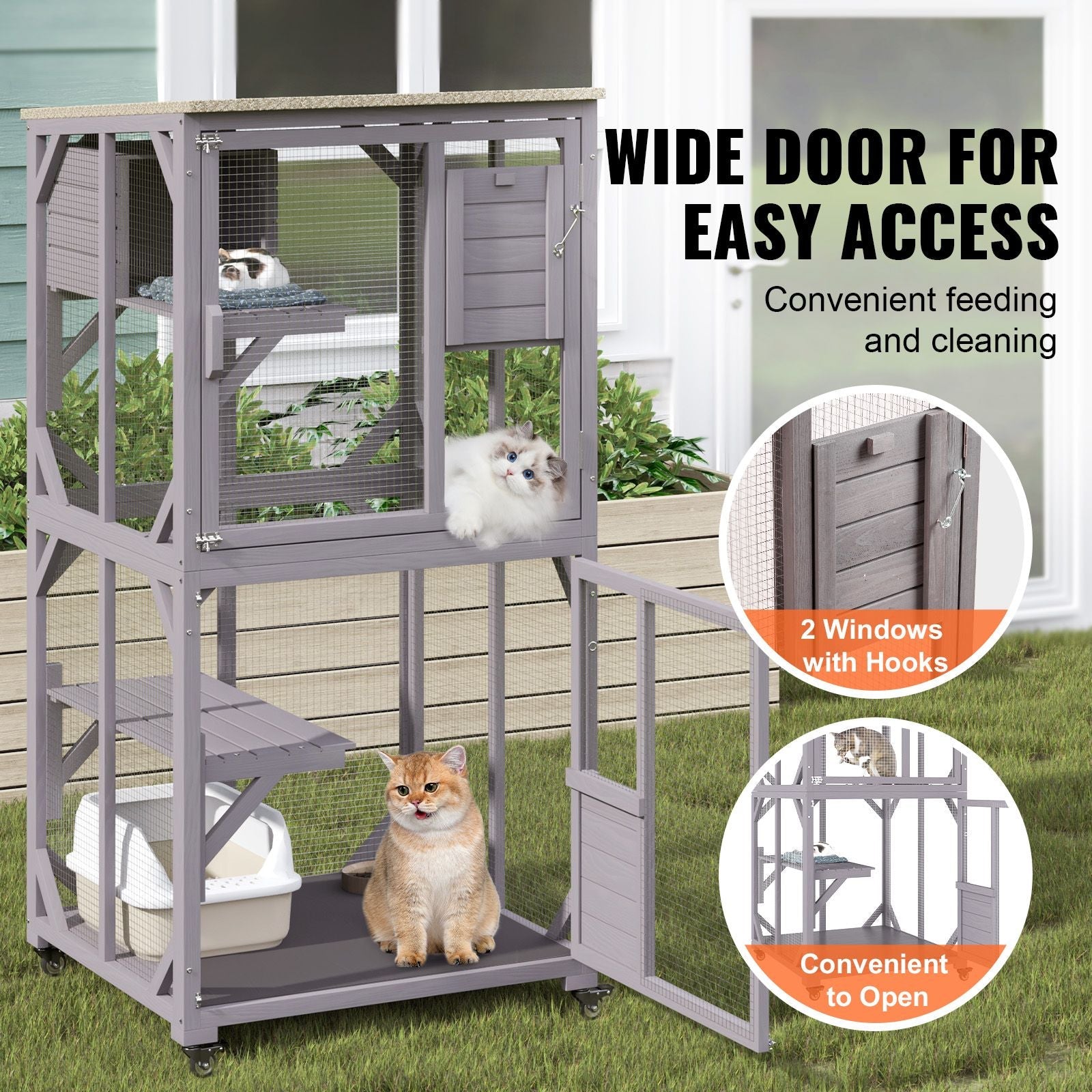 Cat House Outdoor, 3 - Tier Large Catio, Cat Enclosure with 360° Rotating Casters, 2 Platforms, A Resting Box and Large Front Door, 29.9 x 34 x 64.1 inch - DelightsDownSouth