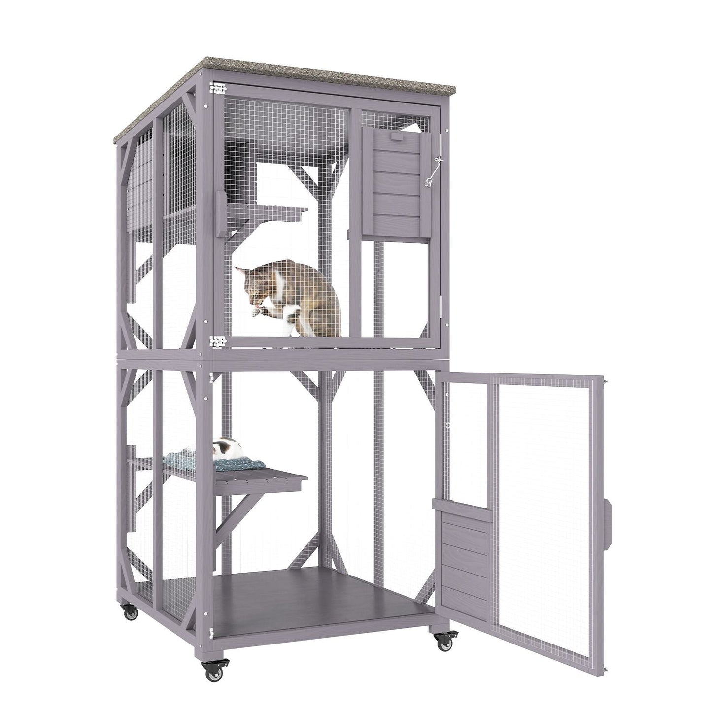 Cat House Outdoor, 3 - Tier Large Catio, Cat Enclosure with 360° Rotating Casters, 2 Platforms, A Resting Box and Large Front Door, 29.9 x 34 x 64.1 inch - DelightsDownSouth