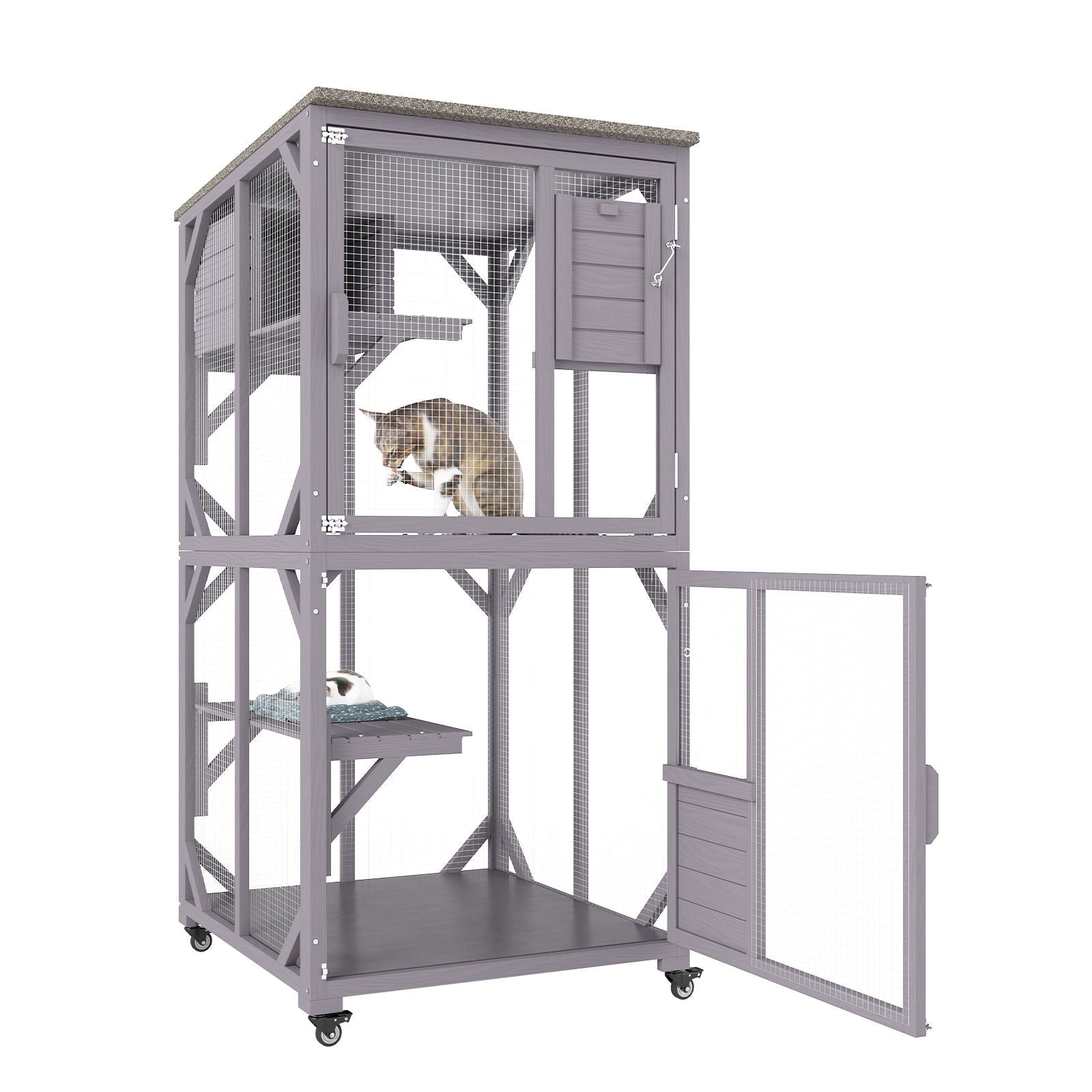 Cat House Outdoor, 3 - Tier Large Catio, Cat Enclosure with 360° Rotating Casters, 2 Platforms, A Resting Box and Large Front Door, 29.9 x 34 x 64.1 inch - DelightsDownSouth