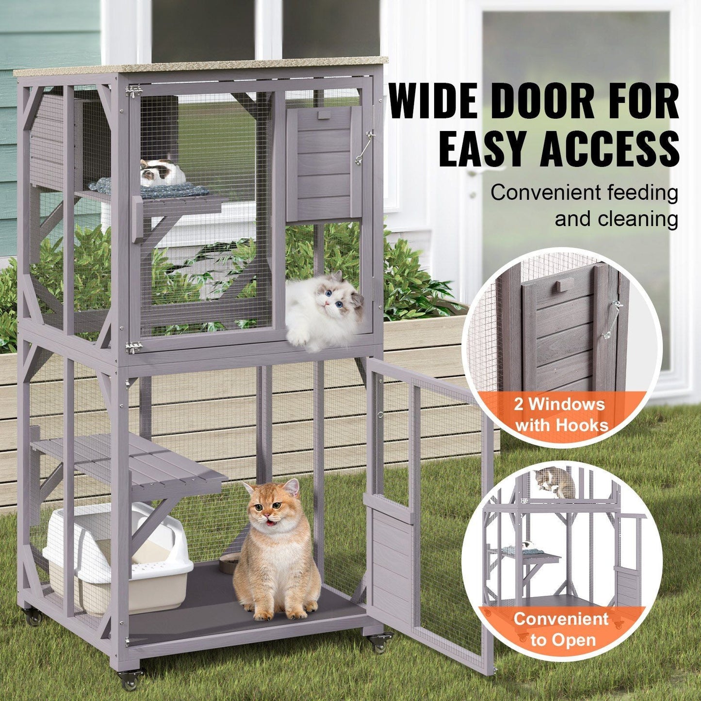 Cat House Outdoor, 3 - Tier Large Catio, Cat Enclosure with 360° Rotating Casters, 2 Platforms, A Resting Box and Large Front Door, 29.9 x 34 x 64.1 inch - DelightsDownSouth