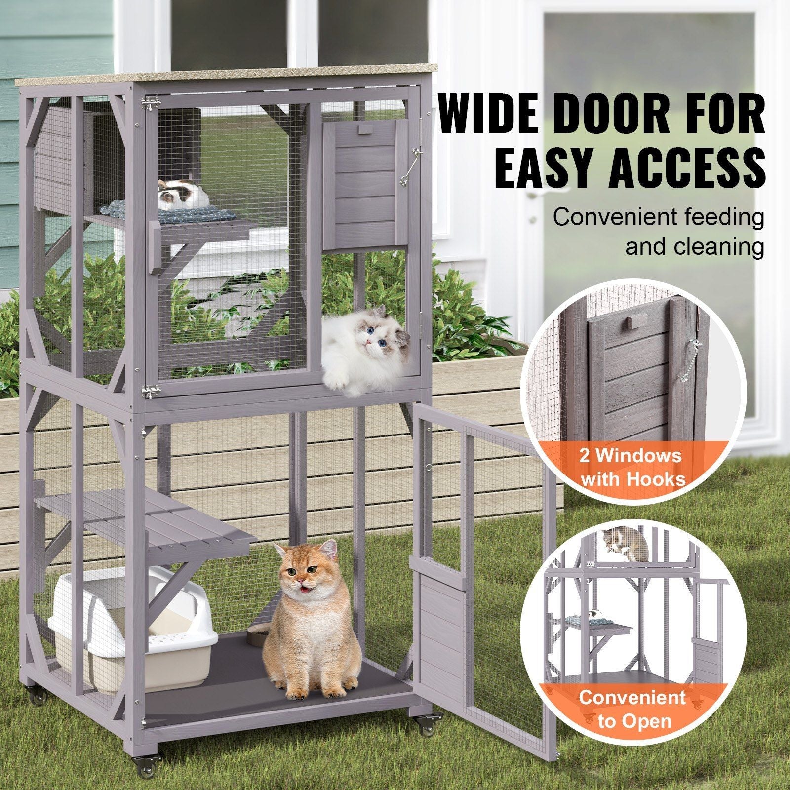 Cat House Outdoor, 3 - Tier Large Catio, Cat Enclosure with 360° Rotating Casters, 2 Platforms, A Resting Box and Large Front Door, 29.9 x 34 x 64.1 inch - DelightsDownSouth