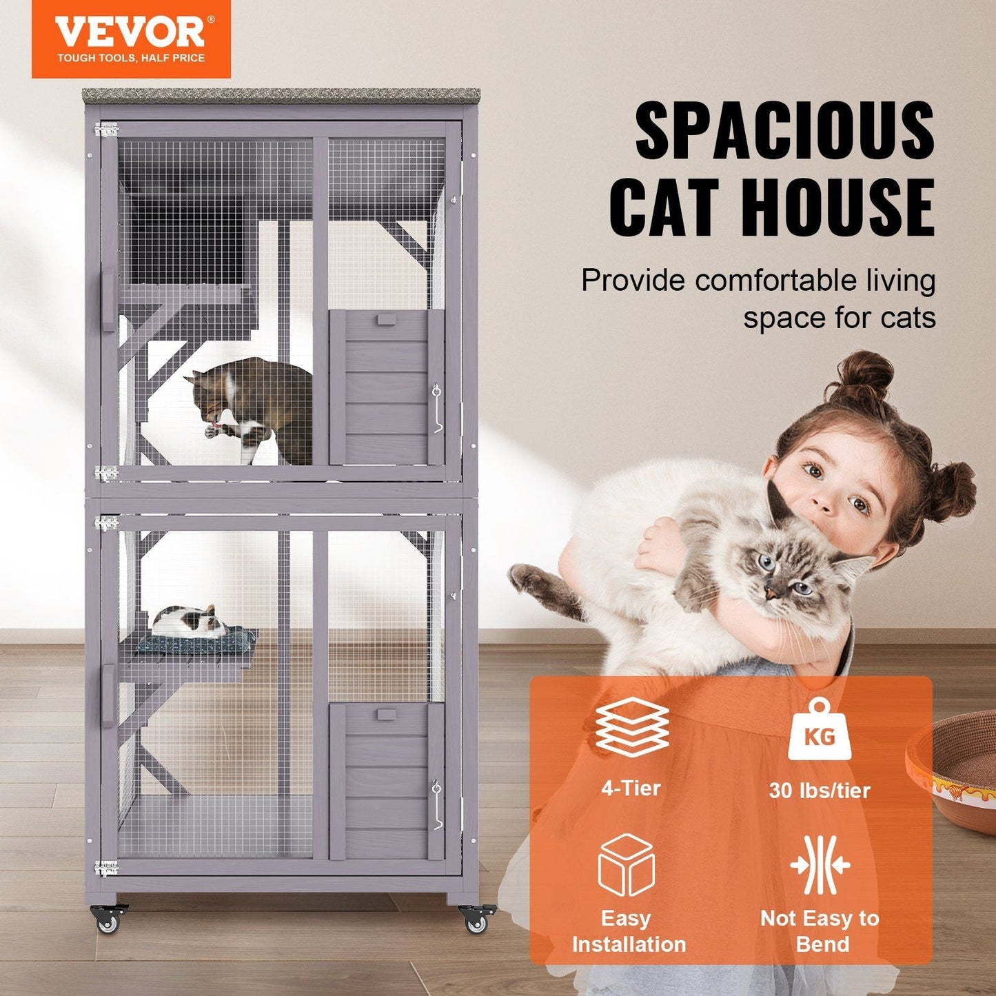 Cat House Outdoor, 3 - Tier Large Catio, Cat Enclosure with 360° Rotating Casters, 2 Platforms, A Resting Box and Large Front Door, 29.9 x 34 x 64.1 inch - DelightsDownSouth