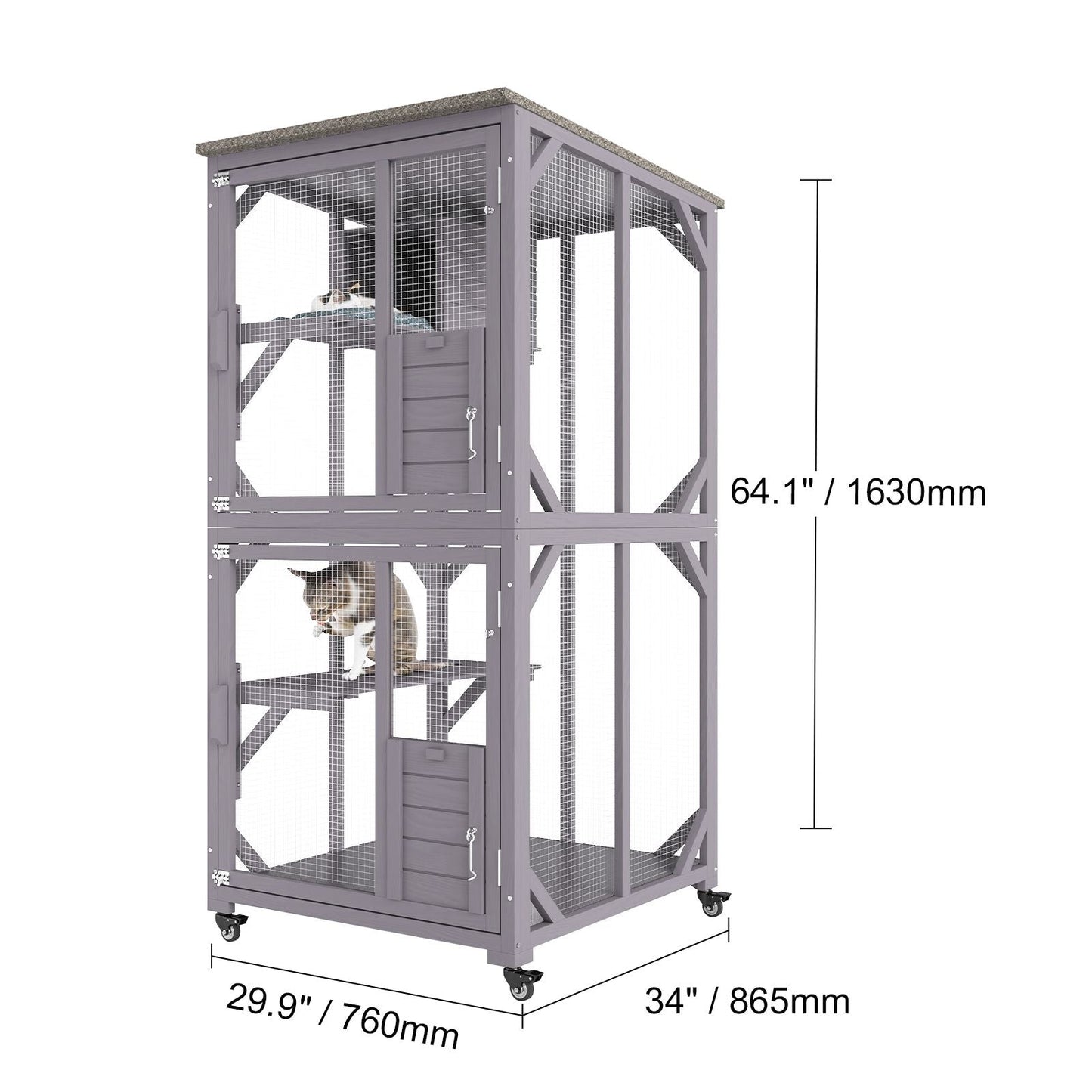 Cat House Outdoor, 3 - Tier Large Catio, Cat Enclosure with 360° Rotating Casters, 2 Platforms, A Resting Box and Large Front Door, 29.9 x 34 x 64.1 inch - DelightsDownSouth