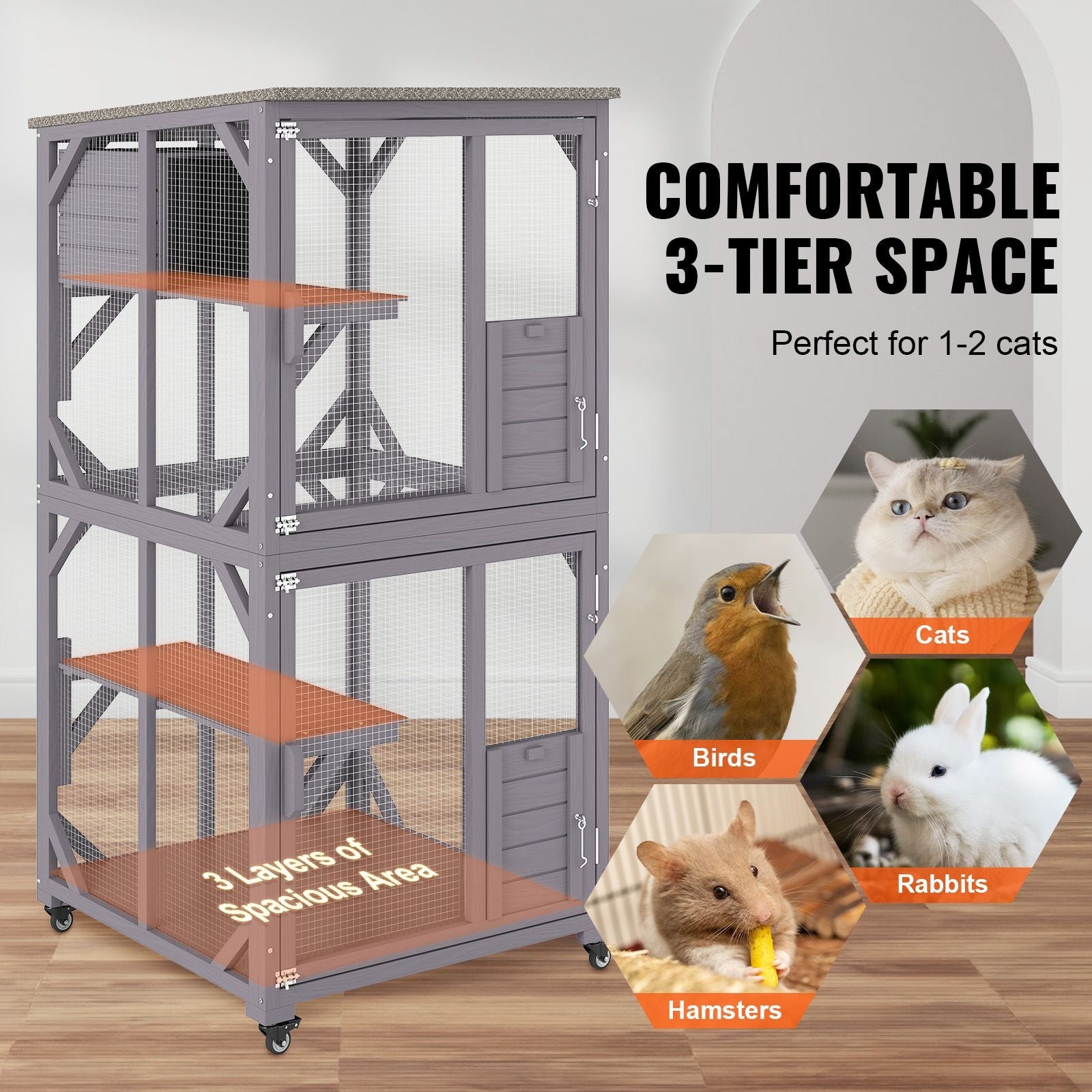 Cat House Outdoor, 3 - Tier Large Catio, Cat Enclosure with 360° Rotating Casters, 2 Platforms, A Resting Box and Large Front Door, 29.9 x 34 x 64.1 inch - DelightsDownSouth