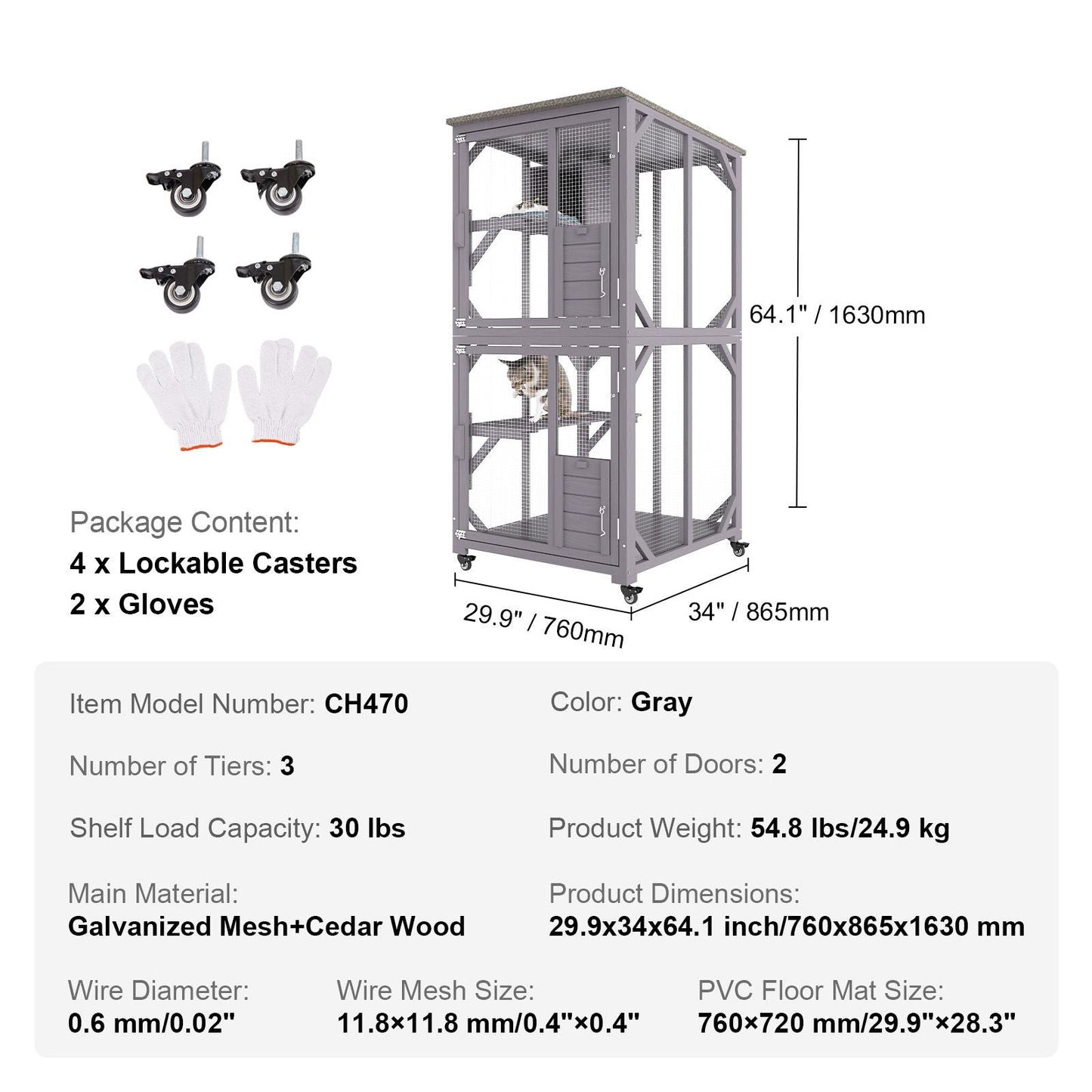 Cat House Outdoor, 3 - Tier Large Catio, Cat Enclosure with 360° Rotating Casters, 2 Platforms, A Resting Box and Large Front Door, 29.9 x 34 x 64.1 inch - DelightsDownSouth