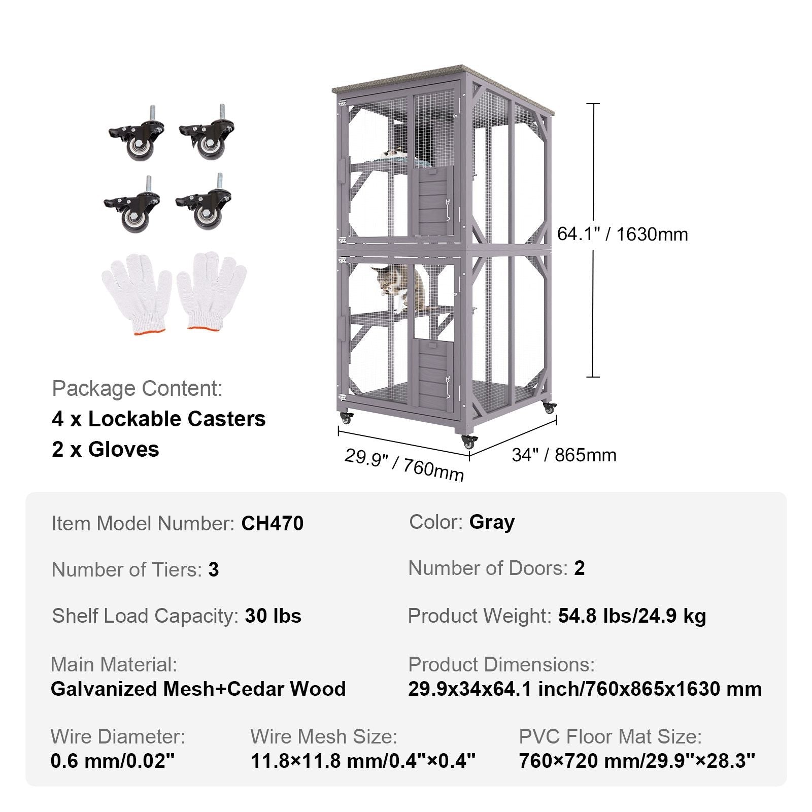 Cat House Outdoor, 3 - Tier Large Catio, Cat Enclosure with 360° Rotating Casters, 2 Platforms, A Resting Box and Large Front Door, 29.9 x 34 x 64.1 inch - DelightsDownSouth