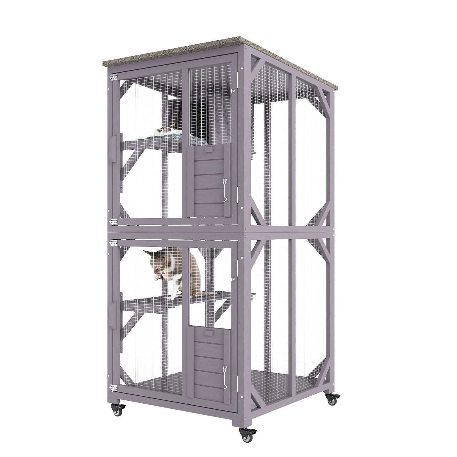Cat House Outdoor, 3 - Tier Large Catio, Cat Enclosure with 360° Rotating Casters, 2 Platforms, A Resting Box and Large Front Door, 29.9 x 34 x 64.1 inch - DelightsDownSouth