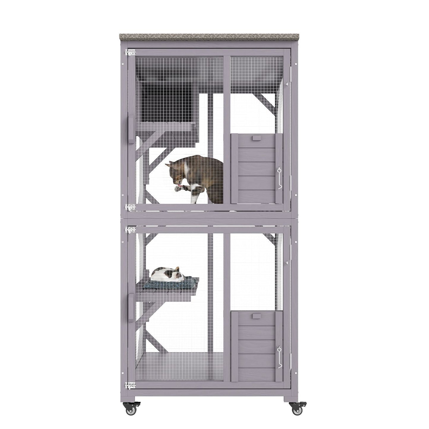 Cat House Outdoor, 3 - Tier Large Catio, Cat Enclosure with 360° Rotating Casters, 2 Platforms, A Resting Box and Large Front Door, 29.9 x 34 x 64.1 inch - DelightsDownSouth