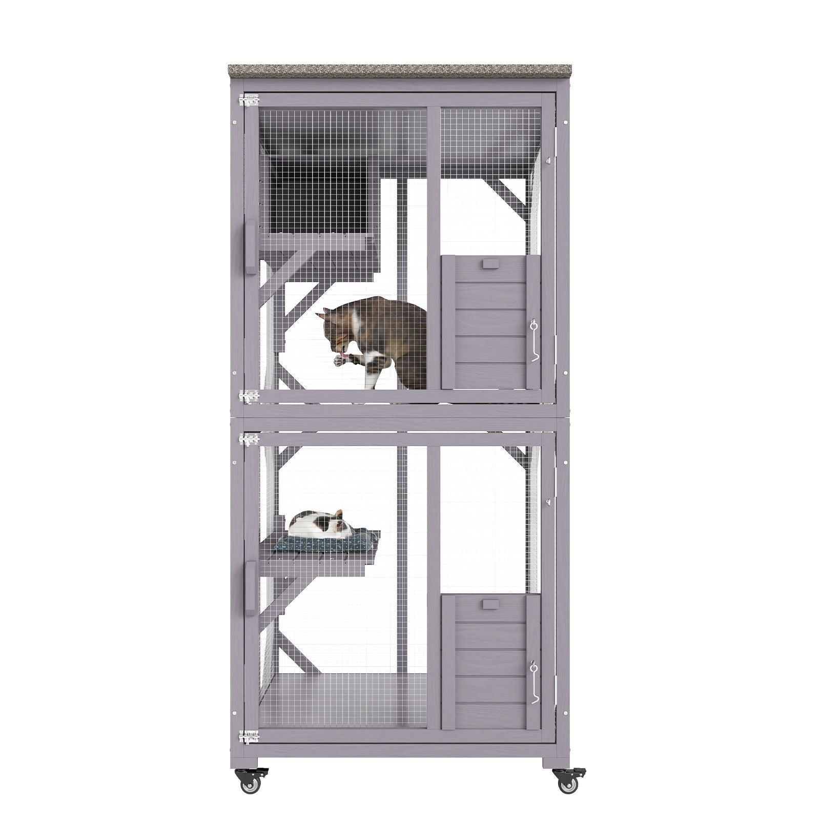 Cat House Outdoor, 3 - Tier Large Catio, Cat Enclosure with 360° Rotating Casters, 2 Platforms, A Resting Box and Large Front Door, 29.9 x 34 x 64.1 inch - DelightsDownSouth