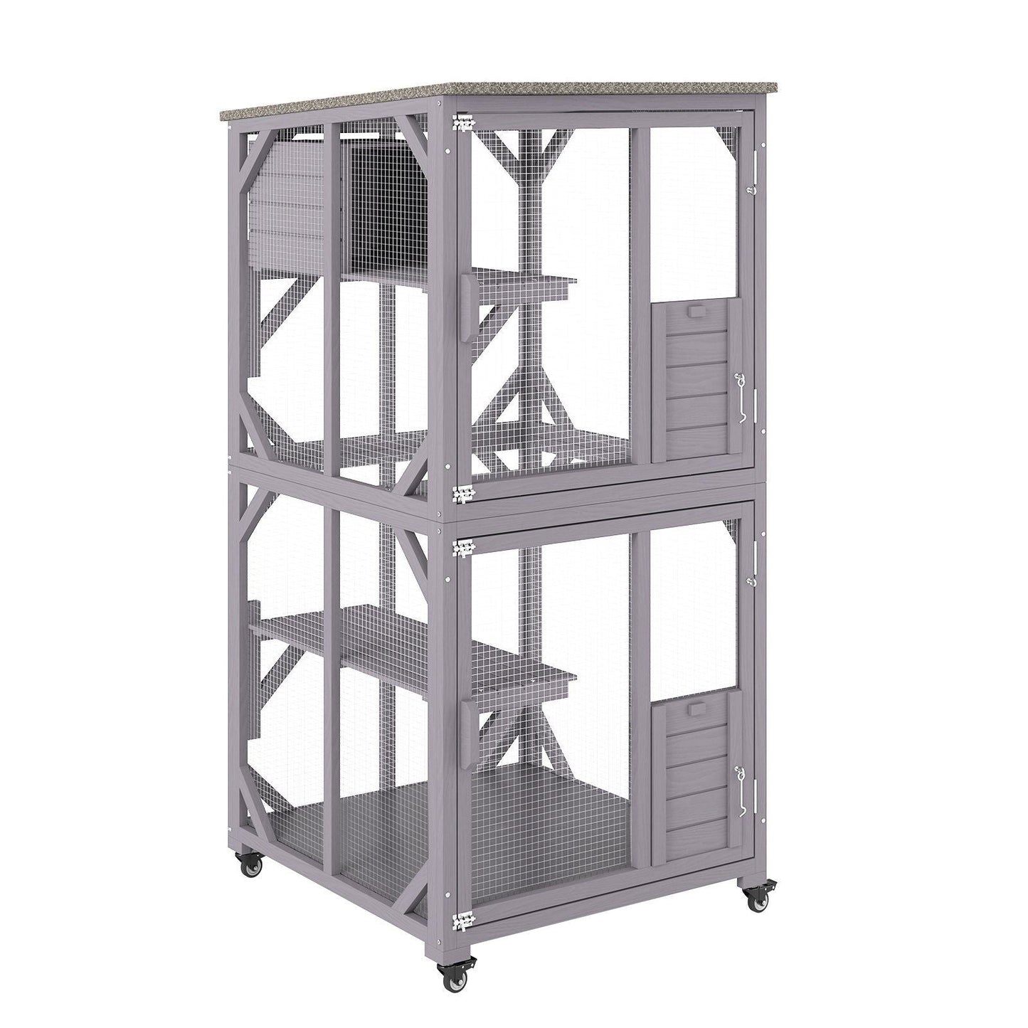 Cat House Outdoor, 3 - Tier Large Catio, Cat Enclosure with 360° Rotating Casters, 2 Platforms, A Resting Box and Large Front Door, 29.9 x 34 x 64.1 inch - DelightsDownSouth