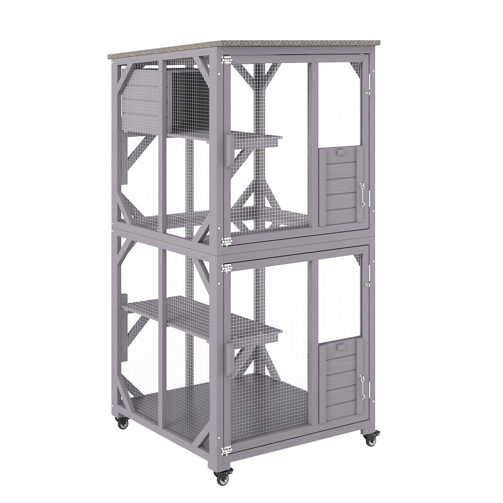 Cat House Outdoor, 3 - Tier Large Catio, Cat Enclosure with 360° Rotating Casters, 2 Platforms, A Resting Box and Large Front Door, 29.9 x 34 x 64.1 inch - DelightsDownSouth