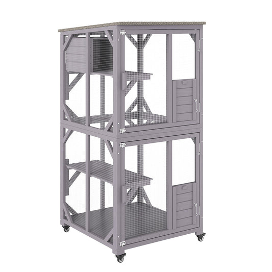 Cat House Outdoor, 3 - Tier Large Catio, Cat Enclosure with 360° Rotating Casters, 2 Platforms, A Resting Box and Large Front Door, 29.9 x 34 x 64.1 inch - DelightsDownSouth